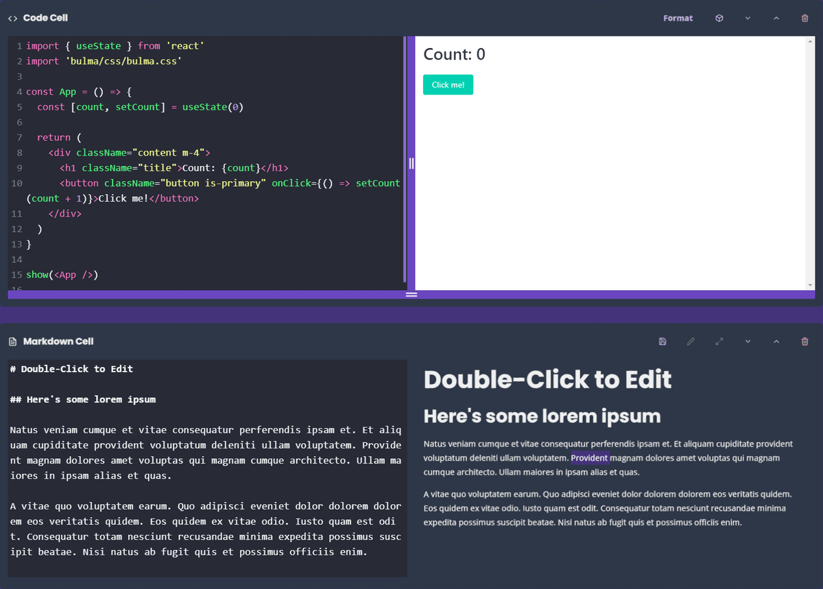 preview showing jupyter-js' code and markdown cells running