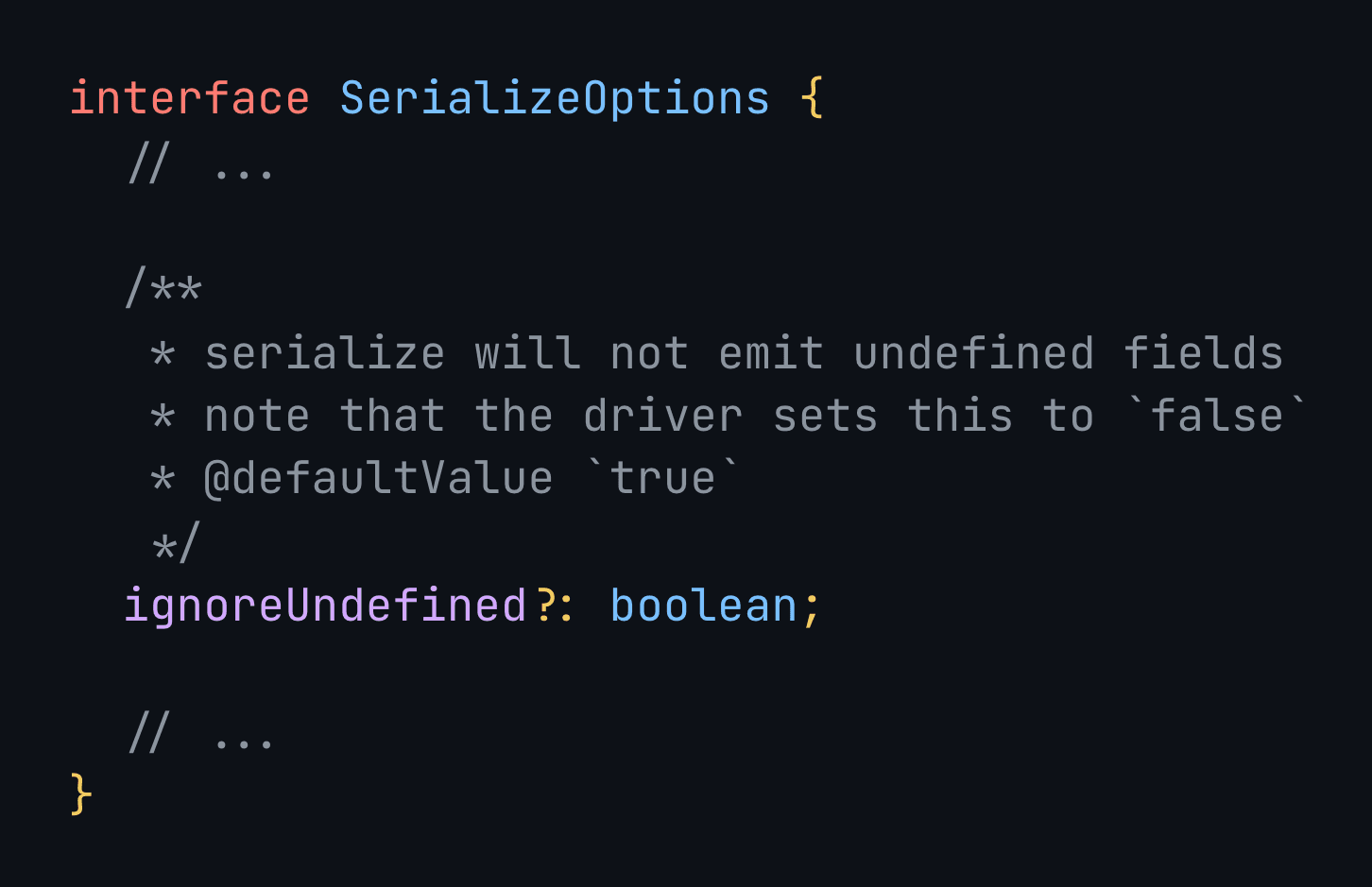 snippet from the 'bson' library's serializer options, showing the 'ignoreUndefined' option with a default of true, but a default of false for the MongoDB driver