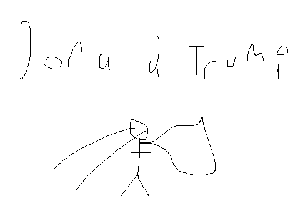 satirical portrayal of a Donald Trump NFT involving a stick figure shooting laser beams out of their eyes and wearing a cape